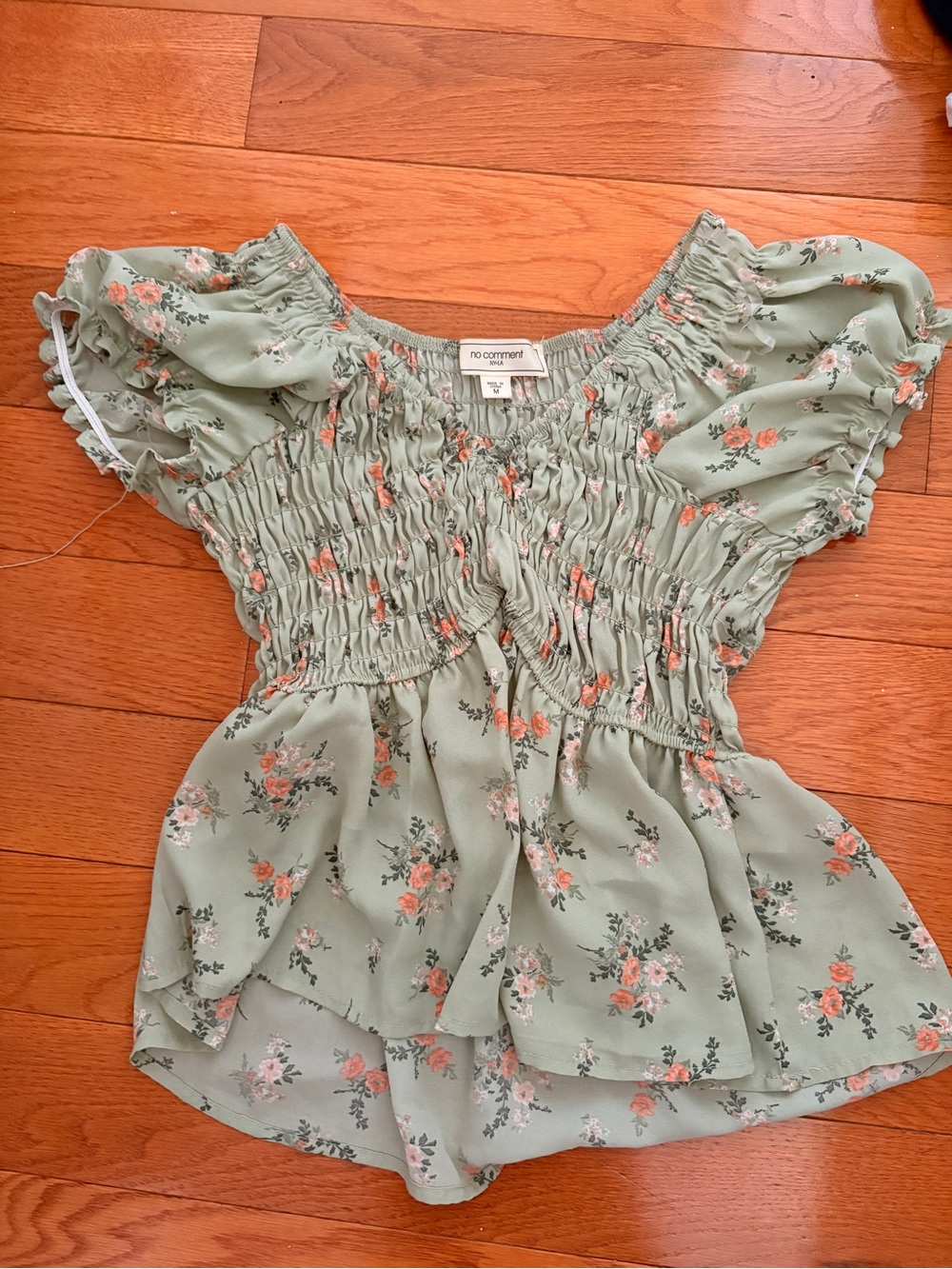 No Comment Sage Green Floral Smocked Peplum Blouse